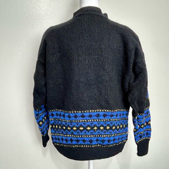 Vintage Plaid Wool Cardigan Sweater Medium 80s Womens Warm Blue Black Yellow - Picture 5 of 13